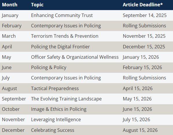 Image for the Tweet beginning: The 2026 #PoliceChiefMag editorial calendar